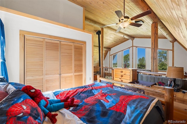 bedroom with lofted ceiling with beams, wooden ceiling, and ceiling fan