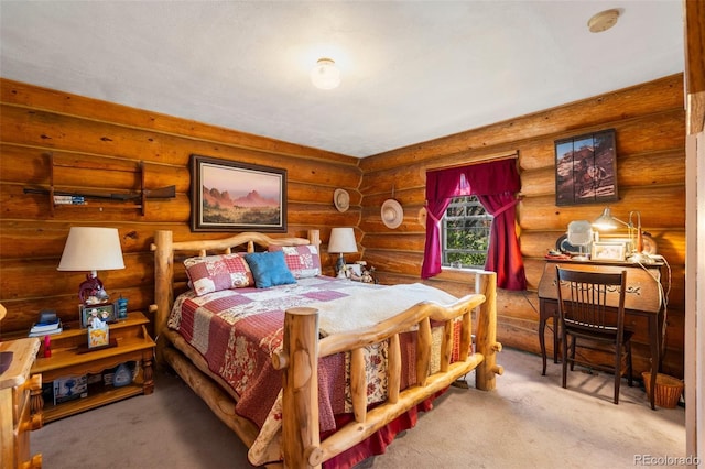 bedroom with carpet and rustic walls