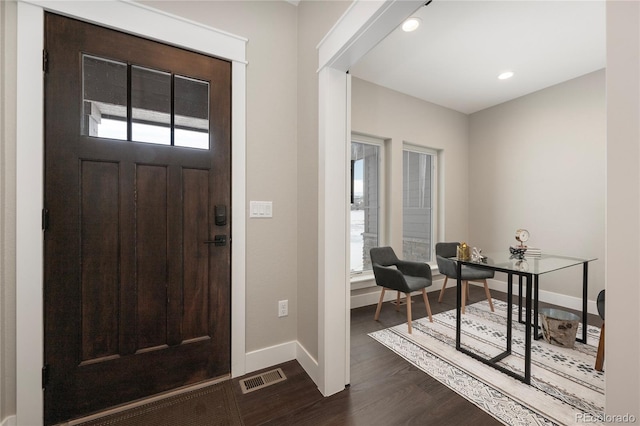 foyer entrance with dark hardwood / wood-style flooring and a healthy amount of sunlight