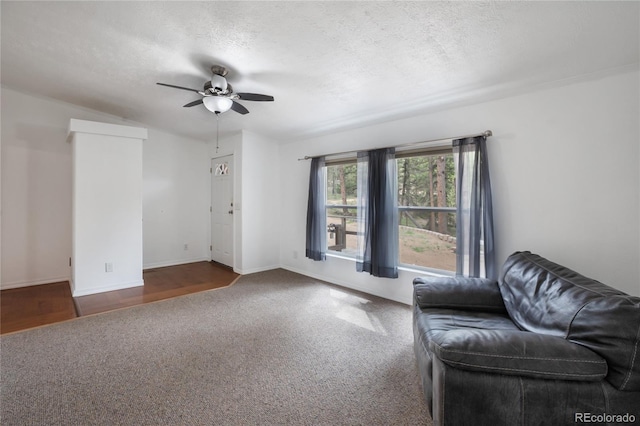 840 Obsidian Dr, Florissant, CO 80816 - living area featuring a ceiling fan, carpet floors, a textured ceiling, and baseboards
