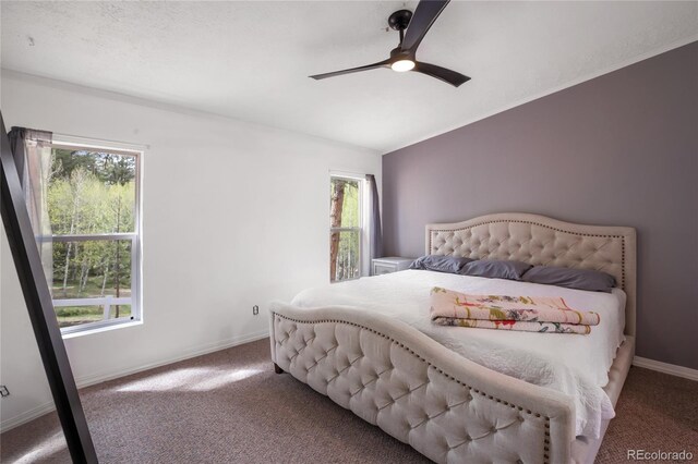840 Obsidian Dr, Florissant, CO 80816 - carpeted bedroom featuring lofted ceiling, baseboards, and a ceiling fan