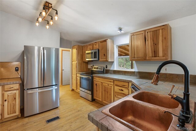 840 Obsidian Dr, Florissant, CO 80816 - kitchen with appliances with stainless steel finishes, a sink, tile counters, and light wood-style flooring