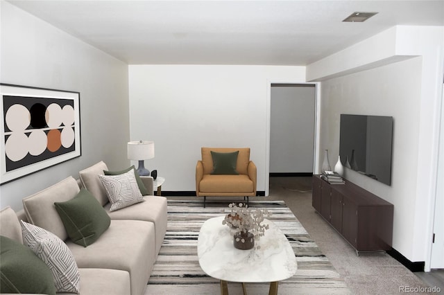 living area featuring light colored carpet, visible vents, and baseboards
