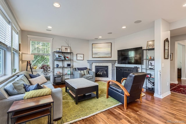 3386 Beeler Ct, Denver, CO 80238 - living room featuring wood finished floors, a stone fireplace, recessed lighting, and baseboards