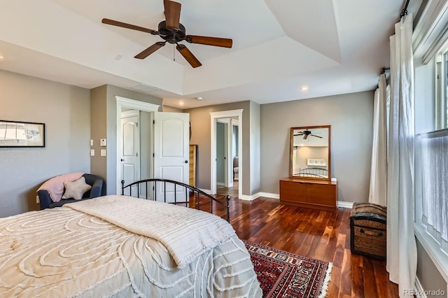 3386 Beeler Ct, Denver, CO 80238 - bedroom featuring wood finished floors, a raised ceiling, baseboards, recessed lighting, and ceiling fan