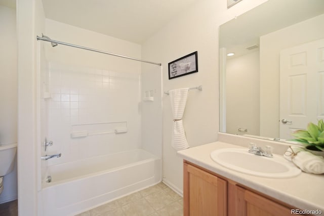 full bathroom featuring shower / tub combination, vanity, and toilet