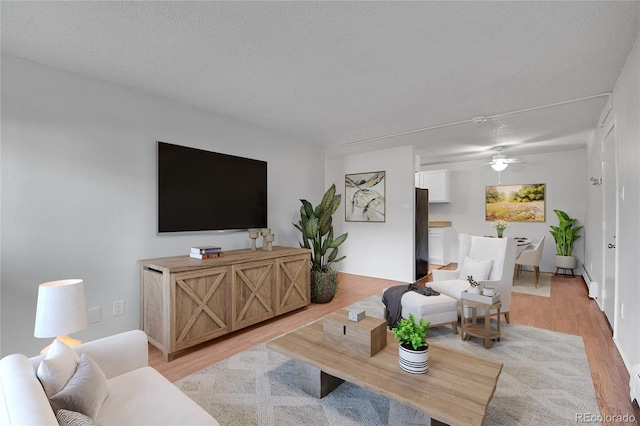 living area with light wood-type flooring and a textured ceiling