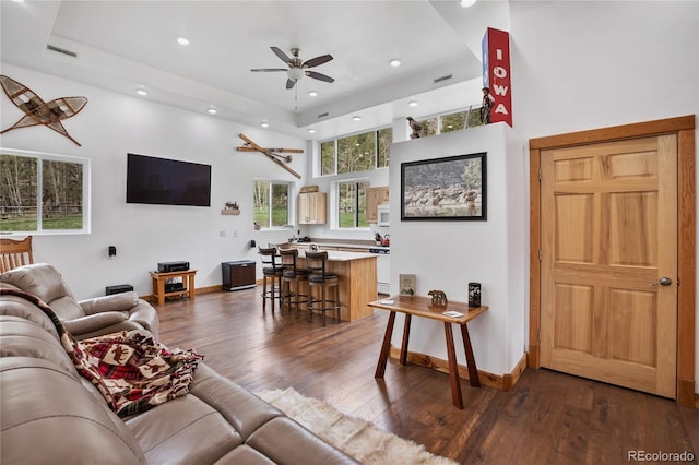 437 Langnis Rd, Guffey, CO 80820 - living area featuring ceiling fan, dark wood-type flooring, recessed lighting, and baseboards