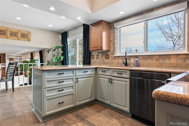 kitchen with sink, backsplash, kitchen peninsula, and dishwasher