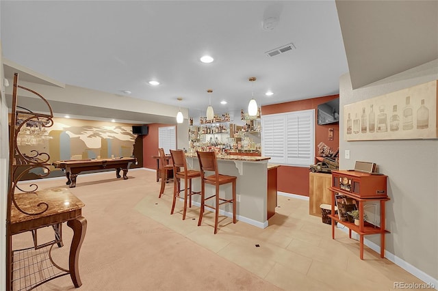 bar with indoor wet bar, recessed lighting, baseboards, billiards, and visible vents