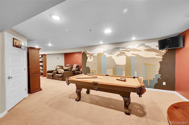 rec room with recessed lighting, billiards, baseboards, and light carpet