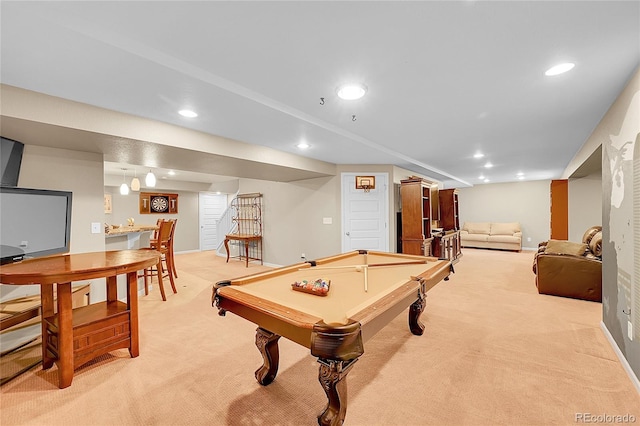 rec room with pool table, recessed lighting, and light colored carpet
