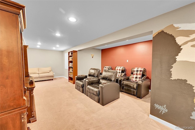 cinema with light colored carpet, recessed lighting, and baseboards