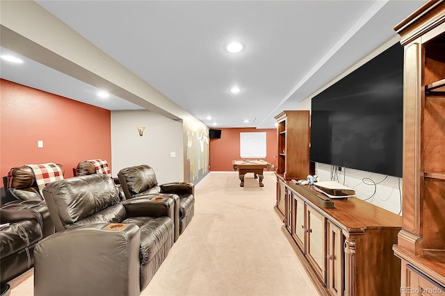 cinema room with recessed lighting, billiards, and light colored carpet