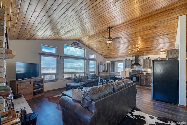 7103 Ranch Rd, Hartsel, CO 80449 - living area with a ceiling fan, wooden ceiling, dark wood finished floors, high vaulted ceiling, and baseboards