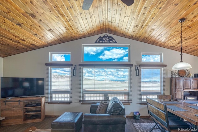 7103 Ranch Rd, Hartsel, CO 80449 - living area featuring wood finished floors, lofted ceiling, wood ceiling, ceiling fan, and baseboards