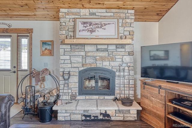 7103 Ranch Rd, Hartsel, CO 80449 - detailed view of wooden ceiling, a stone fireplace, and wood finished floors
