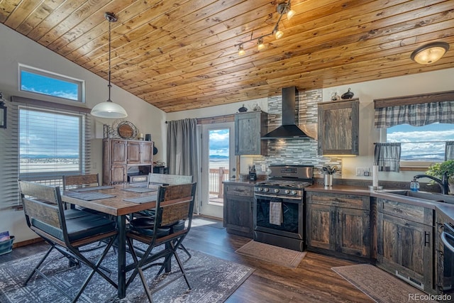 7103 Ranch Rd, Hartsel, CO 80449 - kitchen featuring stainless steel range with gas stovetop, wall chimney exhaust hood, lofted ceiling, a sink, and wood ceiling