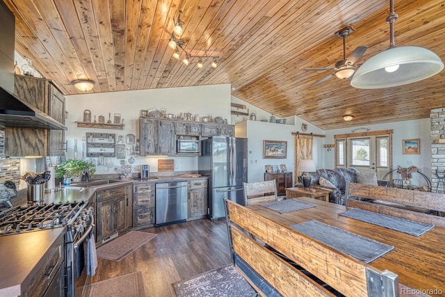 7103 Ranch Rd, Hartsel, CO 80449 - kitchen featuring stainless steel appliances, wooden ceiling, wall chimney exhaust hood, vaulted ceiling, and a sink
