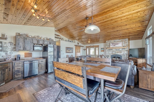 7103 Ranch Rd, Hartsel, CO 80449 - dining area featuring wood ceiling, lofted ceiling, dark wood-type flooring, a fireplace, and track lighting