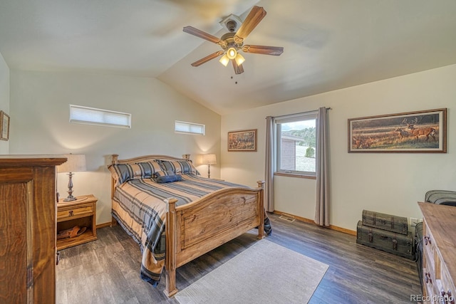 7103 Ranch Rd, Hartsel, CO 80449 - bedroom featuring wood finished floors, lofted ceiling, baseboards, and a ceiling fan