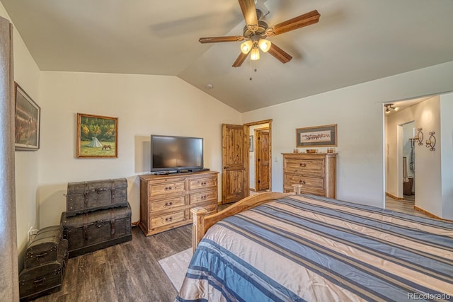 7103 Ranch Rd, Hartsel, CO 80449 - bedroom featuring dark wood finished floors, lofted ceiling, and a ceiling fan