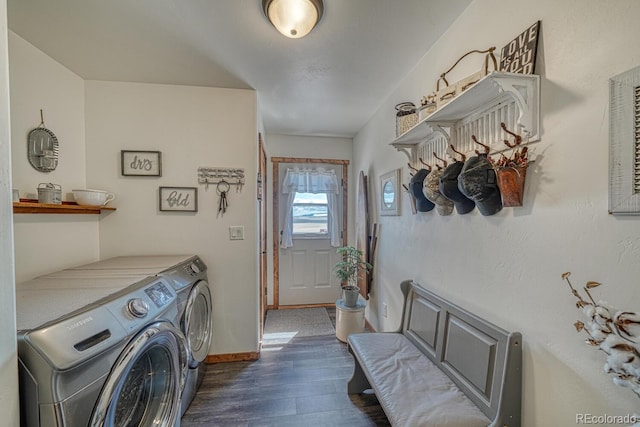 7103 Ranch Rd, Hartsel, CO 80449 - laundry area with separate washer and dryer, dark wood-style floors, and baseboards