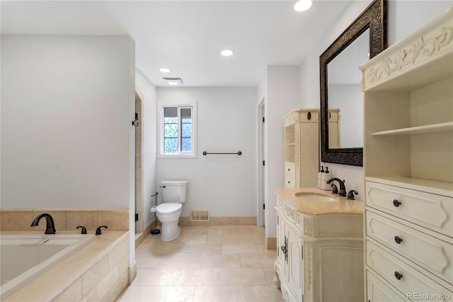 bathroom featuring a garden tub, toilet, recessed lighting, tile patterned floors, and baseboards