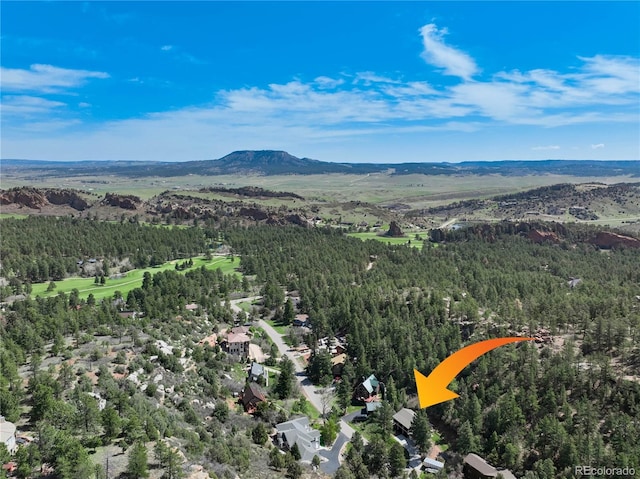 aerial view of a mountain backdrop and a heavily wooded area