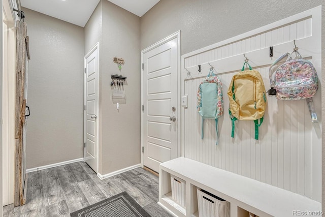 22583 E Union Cir, Aurora, CO 80015 - mudroom with wood finished floors and a textured wall