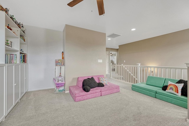 22583 E Union Cir, Aurora, CO 80015 - living room with carpet floors, a ceiling fan, and recessed lighting