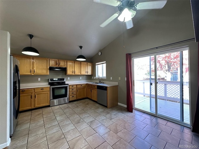 kitchen featuring decorative light fixtures, ceiling fan, sink, and stainless steel appliances