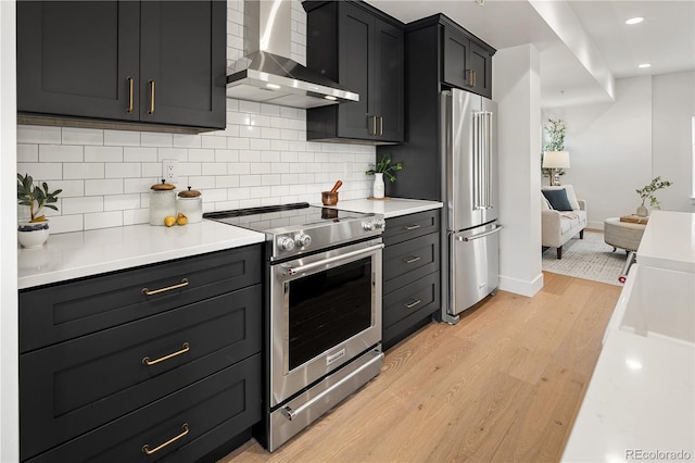 kitchen featuring wall chimney range hood, decorative backsplash, appliances with stainless steel finishes, and light wood-style floors