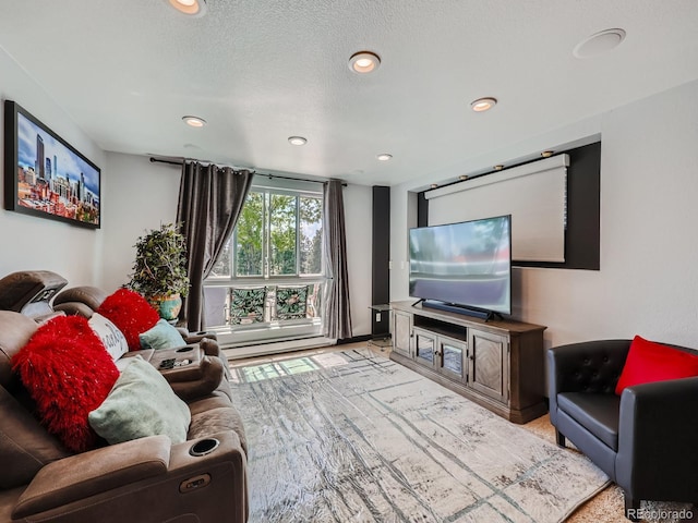 living room with a textured ceiling