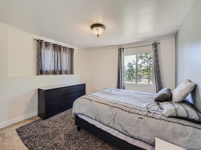 carpeted bedroom with a textured ceiling