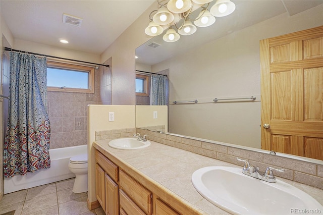 31755 Ponderosa Way, Evergreen, CO 80439 - full bathroom featuring shower / bathtub combination with curtain, double vanity, tile patterned flooring, and a chandelier