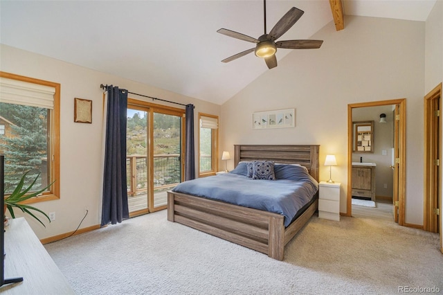 31755 Ponderosa Way, Evergreen, CO 80439 - bedroom with access to outside, beamed ceiling, carpet floors, high vaulted ceiling, and a ceiling fan