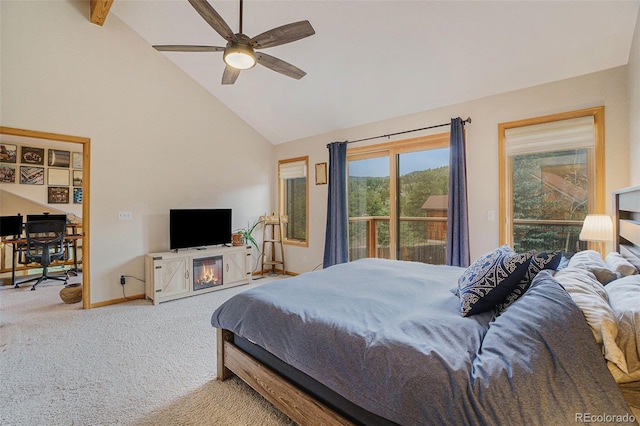 31755 Ponderosa Way, Evergreen, CO 80439 - bedroom with carpet flooring, high vaulted ceiling, access to exterior, and ceiling fan