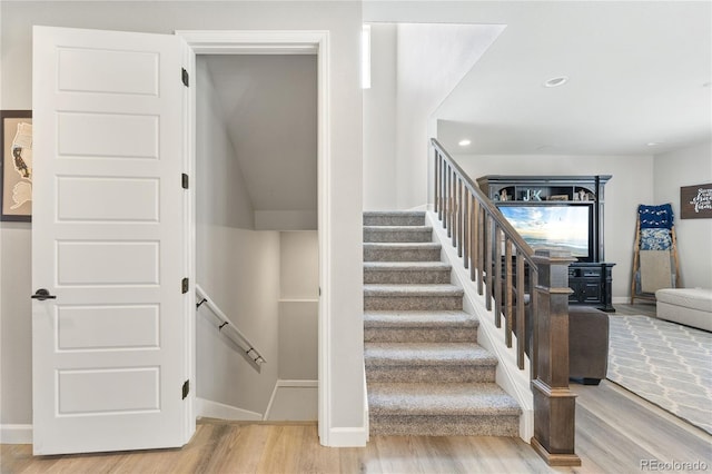 2576 Villageview Ln, Castle Rock, CO 80104 - staircase with wood finished floors, baseboards, and recessed lighting