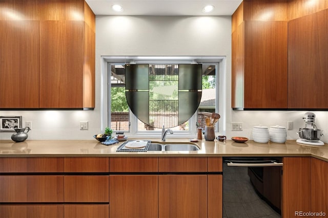 2800 S University Blvd Unit 19, Denver, CO 80210 - kitchen with black dishwasher, light countertops, modern cabinets, brown cabinetry, and recessed lighting