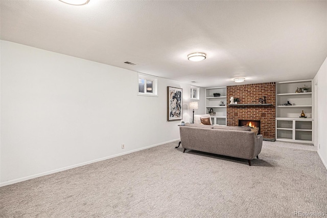2939 S Zurich Ct, Denver, CO 80236 - carpeted living room with a brick fireplace, built in shelves, and a textured ceiling