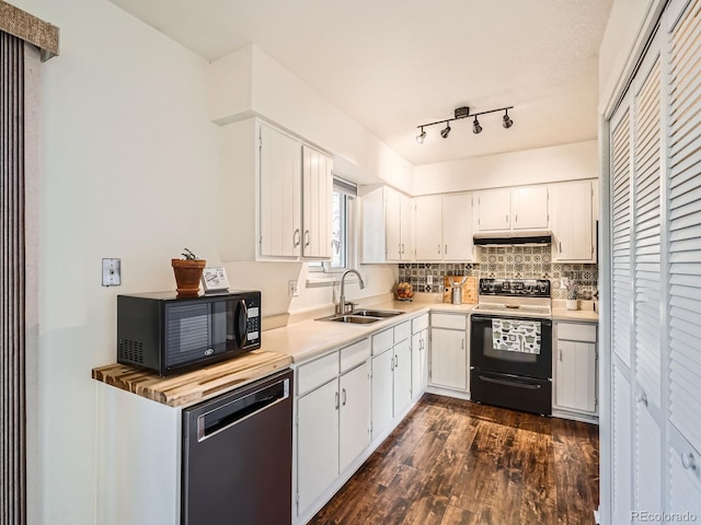 kitchen featuring electric range, dishwasher, under cabinet range hood, black microwave, and a sink