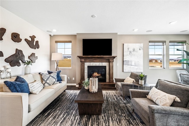 living room featuring dark wood-type flooring and a fireplace