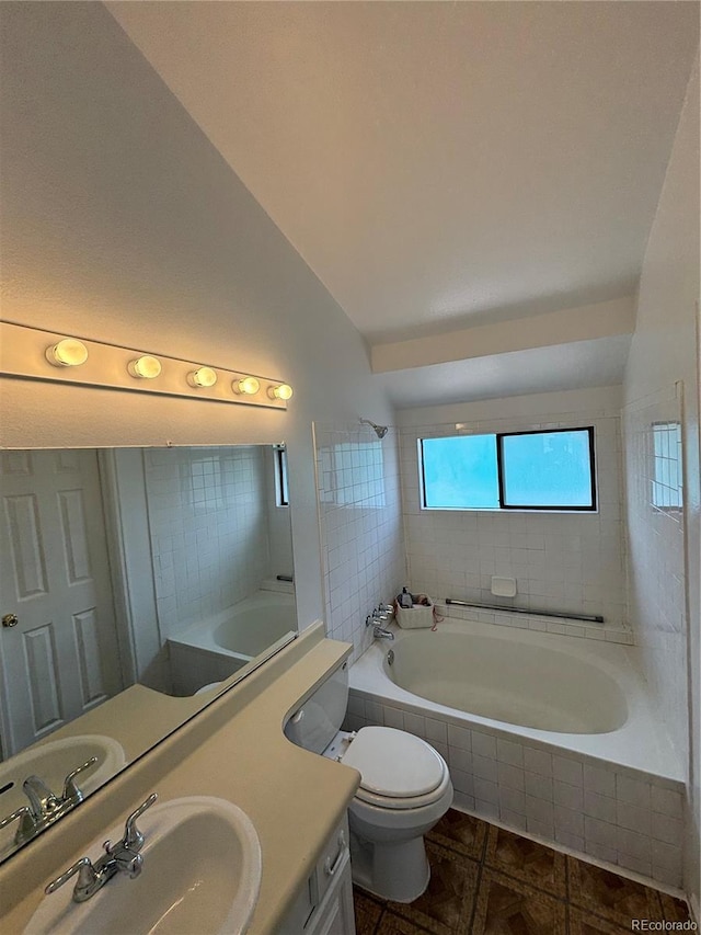 4362 Denmark Ct, Denver, CO 80239 - full bathroom featuring vanity, vaulted ceiling, and tile patterned flooring