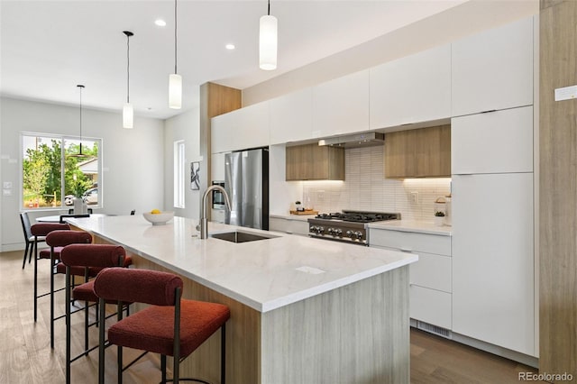 2403 S Cherokee St, Denver, CO 80223 - kitchen featuring modern cabinets, stainless steel appliances, white cabinets, tasteful backsplash, and wood finished floors