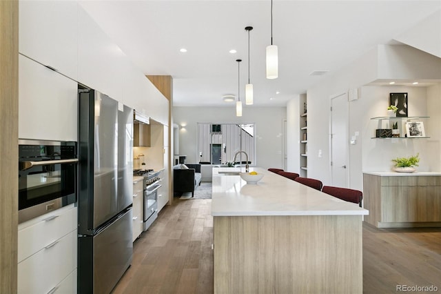 2403 S Cherokee St, Denver, CO 80223 - kitchen featuring modern cabinets, appliances with stainless steel finishes, light wood-style floors, light countertops, and recessed lighting