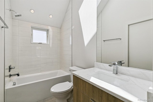2403 S Cherokee St, Denver, CO 80223 - full bathroom featuring vanity, shower / bathtub combination, recessed lighting, and lofted ceiling