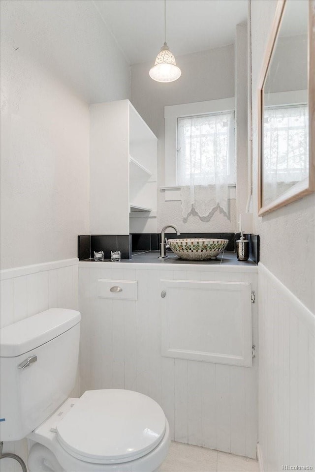 3953 Tejon St, Denver, CO 80211 - bathroom featuring a wainscoted wall, a sink, and toilet