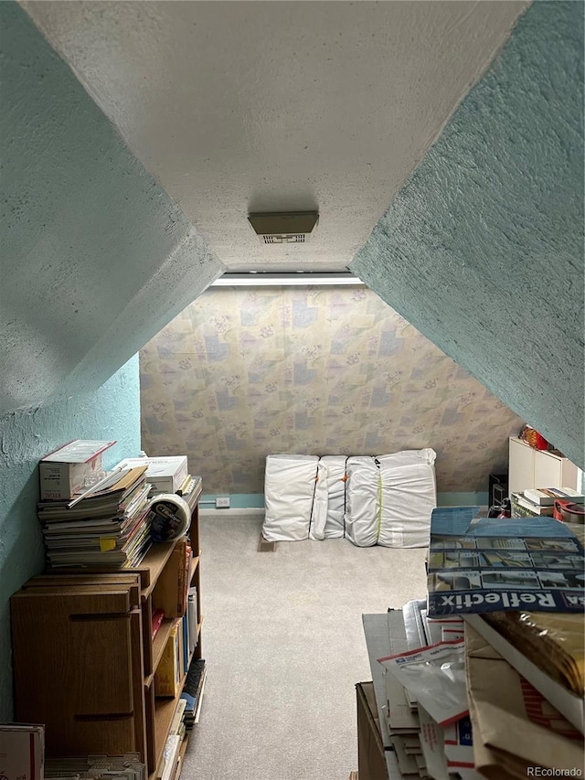 additional living space featuring vaulted ceiling, baseboards, carpet flooring, and a textured ceiling