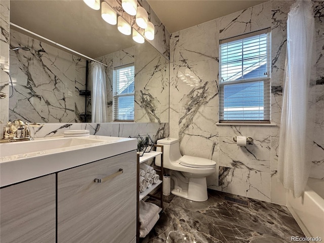 full bathroom with toilet, stone wall, marble finish floor, and tile walls